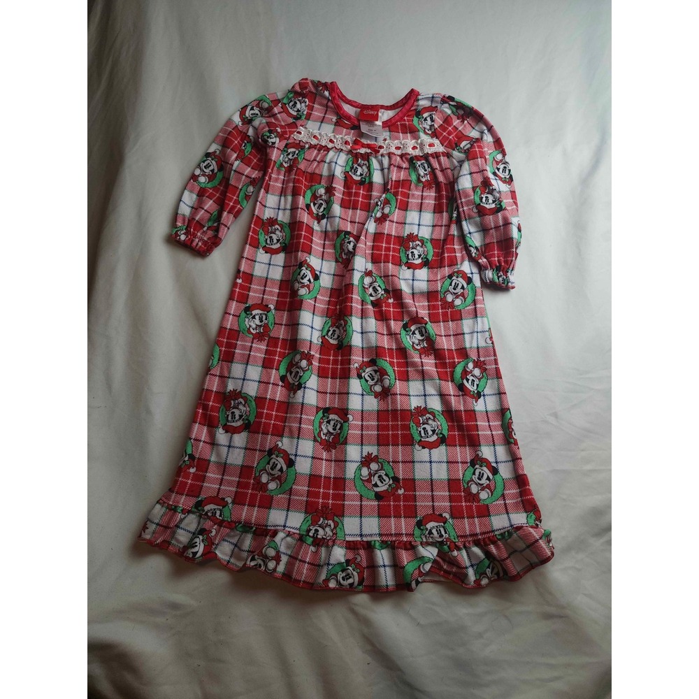 Disney Minnie‎ Mouse Girls 3T Christmas Plaid Fleece Nightgown Red White Holiday